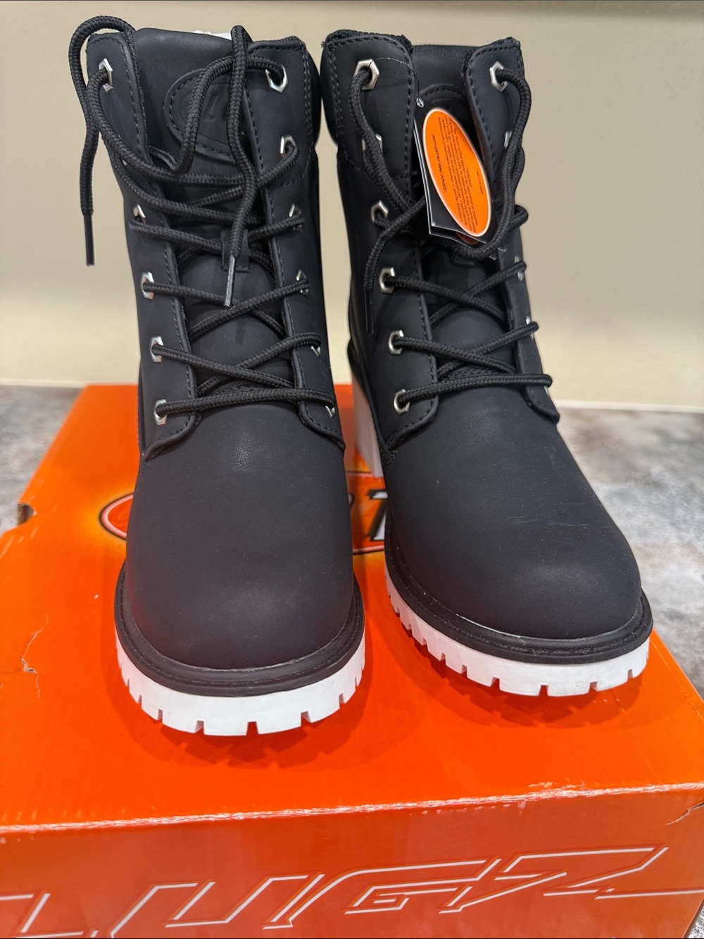 Lugz Black Lace-Up Boots with White Lug Sole